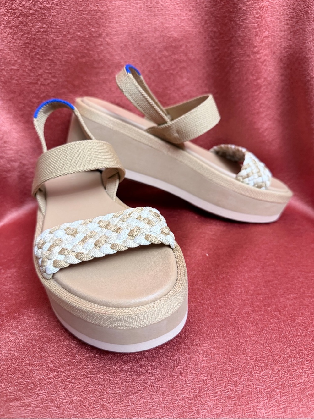 Rothy's Beige Braided Strap Platform Sandals with White Accent